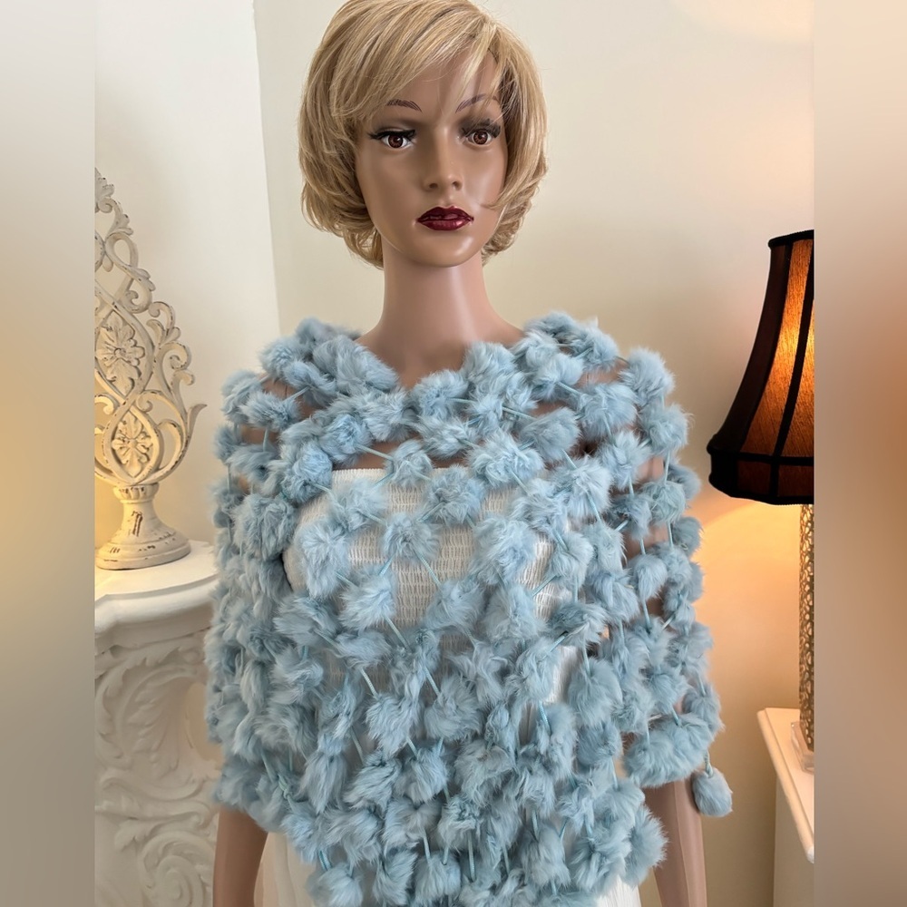Light Blue Fluffy Rabbit Fur Shawl Wrap - Picture 4 of 11